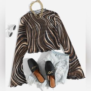 EZwear Allover Print Flounce Sleeve Mesh Top